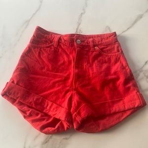 Monki Red Super High Waisted Jean Shorts